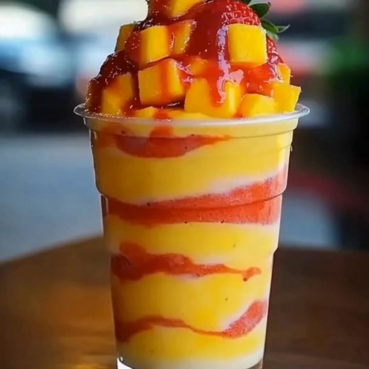 Mango Strawberry Sunrise Frappuccinos Ingredients: Strawberry Layer 1. 1 cup frozen strawberries 2. 1/2 cup ice 3. 1/2 cup milk (or strawberry juice for extra fruit flavor) 4. 1 tbsp honey or granulated sugar (optional) 5. 1/2 tsp lemon juice (brightens the flavor) Mango Layer 6. 1 cup frozen mango chunks 7. 1/2 cup ice 8. 3/4 cup coconut milk or oat milk (use unsweetened for less sugar) 9. 1 tbsp agave or maple syrup (optional) Toppings (optional) - Whipped cream - Sliced strawberries or mango 