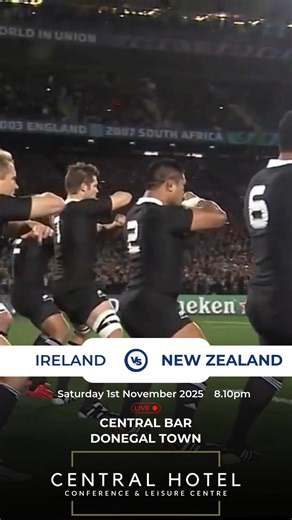 Ireland vs New Zealand – Live at The Central Bar Ireland kick off their Autumn Internationals against the All Blacks at Soldier Field, Chicago this Saturday! 📅 Saturday Night ⏰ Kick-off: 8.10pm 🏉 Catch all the action live on the big screens in The Central Bar! Join us for great pints, great atmosphere, and (hopefully) a great Irish win! 🍀💚 | Central Hotel & Leisure Centre Donegal