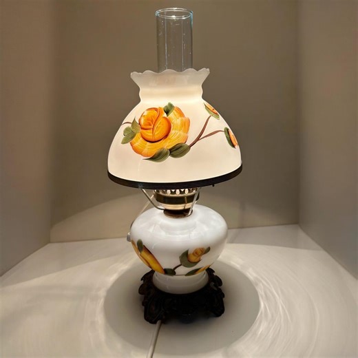 Vintage 1950s Gone With Wind Hurricane Milk Glass Lamp Hand-painted Yellow Roses Table Light - Etsy Australia