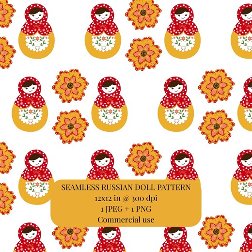 Matryoshka Seamless Pattern | Khokhloma Folk Flower Design | Yellow Red Folk Art | Commercial Use - Etsy