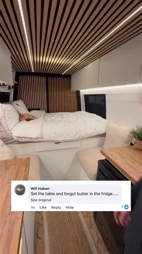 Some people questioned how practical our slide out table is… Luckily its in a van and everything you need is only an arms stretch away😂💪 Ps don’t forget your butter in the fridge, it gets sad 🧈 #coycruisin #vaninterior #vivarocamper #crafter #vwcrafter #vwcamper #volkswagen #vanconversion #vanlifeuk #campervan #vanlifevlog #offgrid #vanlifecouple #diyvanbuild #van #travelcouple #vanbuild #vanlife #vanbuilduk #selfbuildcampervans #selfbuild #conversionvans #sprinter #mersedes_benz #sprintervan