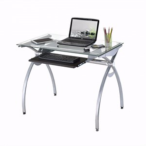 Modern 43" Small Glass Desk with Keyboard Tray, Compact Glass Computer Desk for Small Spaces with Steel Frame