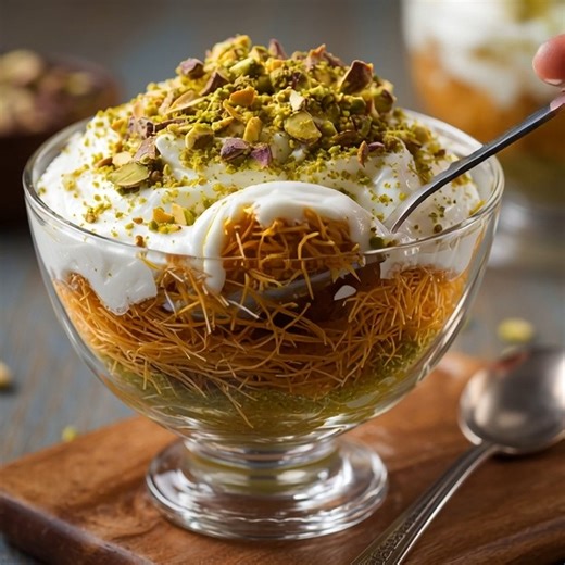 🌰 Pistachio Ekmek Kataifi Trifle Recipe This recipe creates a stunning trifle with layers of crunchy kataifi, a fragrant rose-scented custard, and light whipped cream, all garnished with chopped pistachios. Prep Time: 40 minutes Cook Time: 45 minutes Chill Time: 4 hours (preferably overnight) Difficulty: Intermediate Servings: 10-12 Ingredients Component Ingredients For the Kataifi Base: • 250g (9 oz) kataifi dough (shredded phyllo), thawed • 50g (1/4 cup) unsalted butter, melted • 80-100g (3/4