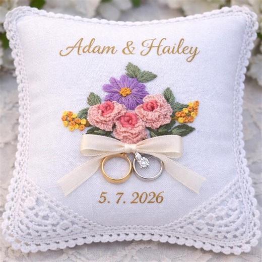 Personalized Floral Ring Bearer Pillow| Embroidered Wedding Pillow With Names & Date | Lace Edge Rustic Wedding Cushion| Custom Wedding Gift - Etsy