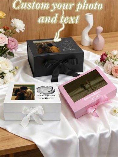 Customized Gift Box With Personalized Graphic And Text, Includes Magnetic Decorative Box And Ribbon, Suitable For Men And Women, Foldable Proposal Box For Christmas, Valentine's Day, Wedding, Birthday, Mother's Day | SHEIN
