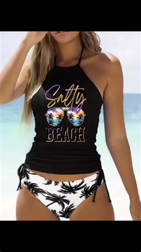 Tropical Print Tankini Set This halter tankini set features a colorful “Salty Beach” graphic top with comfortable coverage and adjustable side-tie bottoms for the perfect fit. Soft stretch fabric • Flattering coverage • Easy summer style Perfect for beach days, pool time, and tropical getaways. #TankiniStyle #BeachVibes #SummerSwimwear #MomFriendly #TikTokShopFinds