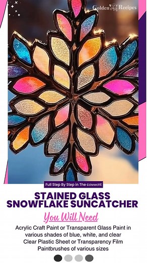 5.3K views · 28 reactions | Make a beautiful winter craft that looks just like real stained glass. This project uses a clear plastic sheet (or transparency film) and craft paint. Cut out a snowflake shape and let kids paint in the sections with shades of blue and white. When dry, hang it in the window to see the sunlight shine through. | Golden Era Recipes | Facebook
