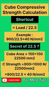 Unlock the fastest shortcut formula to calculate Concrete Cube Compressive Strength with 100% accuracy! In this short video, you will learn the easiest way to find cube strength, understand the formula, and avoid common mistakes made during cube testing. Perfect for civil engineers, site engineers, QC engineers, and students preparing for interviews or working on-site. ✔️ Cube Compressive Strength Formula ✔️ Shortcut method for quick calculation ✔️ IS Code reference basics ✔️ Accurate & easy met
