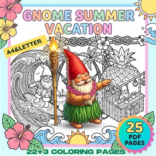 Gnome Summer Coloring Pages, Beach Activity Book, Vacation Planner (25 PDF Pages) - Etsy