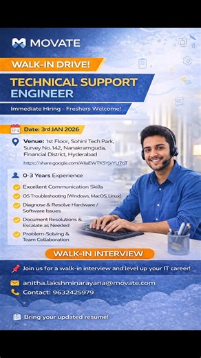 Freshers Career Launchpad | Jobs & Alerts on Instagram: "🚀 Walk-In Drive at Movate Technologies! 📍 Role: Technical Support Engineer 📅 Date: 3rd Jan 2026 | 📍 Hyderabad 🎓 Freshers & Experienced (0–3 yrs) welcome! ✅ Skills: OS Troubleshooting, Communication, Problem Solving 💼 Eligible: B.Tech, B.Sc, BBA, MCA 📌 Comment down for walk-in link & details! #freshers #jobalert #hiring #hyderabadjobs #walkindrive #technicalsupport #joboppurtunity"