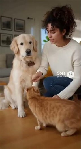 cute cat slapping big dog