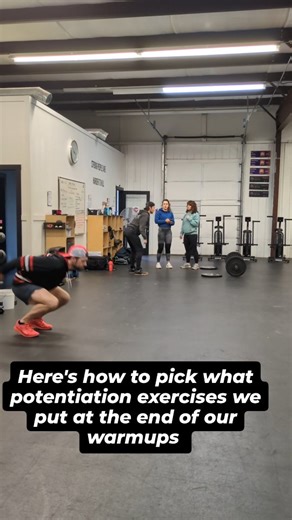 The last phase of a warmup should include some exercises that help get the nervous system grooving and signals sent to the muscle fibers to contract at higher forces or velocities. We usually start by planning out the main exercises for the day first, and selecting the potentiation exercises after the fact. That way, we can plan the exercises to have similar muscle groups and joint angles relative to the primary movement. For example, if we're performing any form of bilateral squat, we're going 