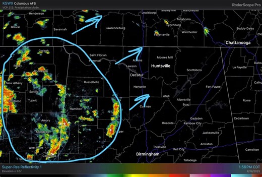 [230PM] Radar Update: We are watching the storms moving into northwest Alabama from the southwest. There remains a low chance that a storm or two could become strong/severe through 8PM, bringing the potential for gusty winds, lightning, and heavy rain. Stay weather aware! #HUNwx | US National Weather Service Huntsville Alabama