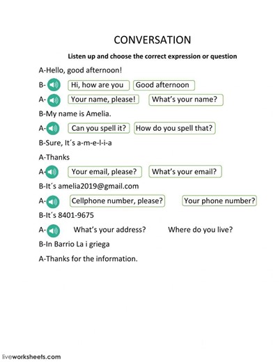 Personal information dialogue worksheet