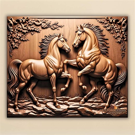 Horse STL File – Two Rearing Horses 3D Relief Model With Frame | CNC Router | Aspire & Vcarve Ready Digital Download - Etsy