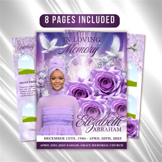 Purple Roses Funeral Program Template: Celebration of Life (canva, 8 Pages, Digital Download) - Etsy