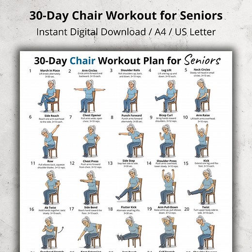 30 Day Chair Workout for Seniors, Seated Exercise Chart Printable PDF, Gentle Daily Routine Poster, Home Workout Wall Art for Elderly - Etsy