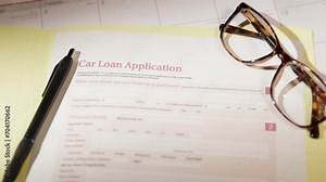Car loan application blank document form with glasses and a pen