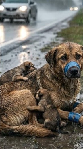 Mother Dog Bound with Tape Rescued in Heavy Rain Puppies Cling to Her in Emotional Roadside Rescue.
