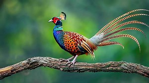 A vibrant male pheasant with iridescent plumage perches on a tree branch, displaying his long, patterned tail feathers against a blurred green background.