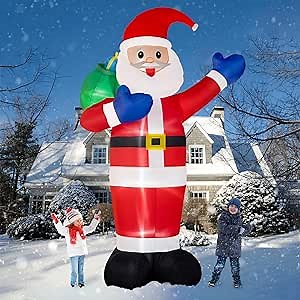 B&D 12FT Giant Christmas Inflatables Santa Claus Outdoor Decorations, Christmas Blow Up Santa Yard Decorations with Gift Bag Built-in LED Lights, Inflatable Christmas Decorations for Yard Garden Lawn