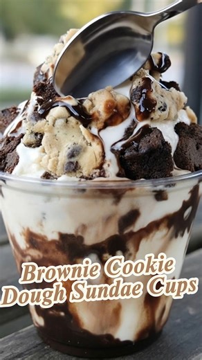 Brownie Cookie Dough Sundae Cups 🍨🍫 This Brownie Cookie Dough Sundae is pure dessert chaos in the best way possible layers of creamy vanilla ice cream, fudgy brownie chunks, edible cookie dough bites, and rivers of rich chocolate sauce. Cold, creamy, gooey, and crunchy all at once. Save this one and tag the friend who always orders extra toppings #brownies #cookies #cups #Dessert | Simple Dessert Recipes