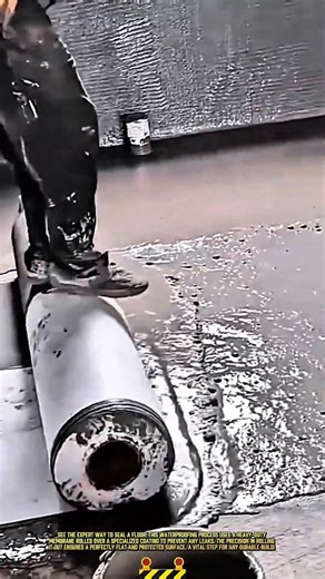 Skilled Worker Installing Waterproofing Membrane on Concrete Floor