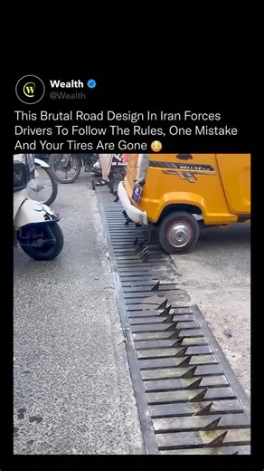 World • Facts on Instagram: "These spikes aren’t random, they’re built to stop vehicles from driving the wrong way. ⚙️ They work through a one-way traffic control system that allows cars to pass safely in the correct direction. But if a vehicle tries to move against traffic, the spikes remain upright, instantly deflating its tires to prevent accidents or unauthorized access. It’s a low-tech but highly effective method of maintaining order on busy roads, parking lots, and restricted zones around 