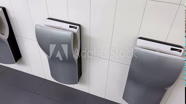 Automatic sensory hand dryers on the wall of a public restroom