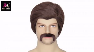 Miss U Hair Men Short Brown Wig with Mustache 70s 80s Costume Party Wig