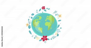 Save the Planet. Motion graphic flat animation footage. World Concept. World environment day. ecology friendly. A earth globe with leaves. Lettering. logo. Concept of energy saving, ecology Stock Video