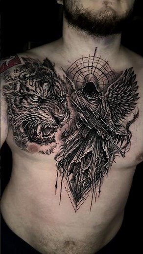 Dark Angel & Tiger Chest Tattoo 🔥