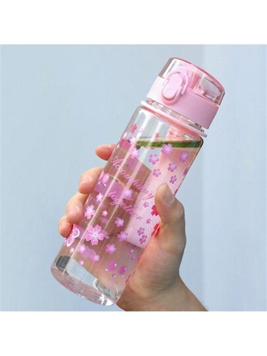 1pc 500ml pink flower pattern water bottle, simple and transparent plastic water cup | SHEIN