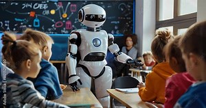 AI Content Generation. Robot and kids in a futuristic classroom, showcasing the blend of education and technology