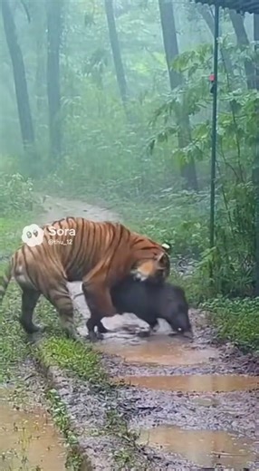 Tiger and pig fight😱🐗|| #trending #wildlife #animalattack #viral #animals #tiger #pig #angrytiger
