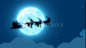 Cartoon silhouette featuring Santa Claus with his reindeer and sleigh soaring in the night sky during a full moon, in a motion graphics format