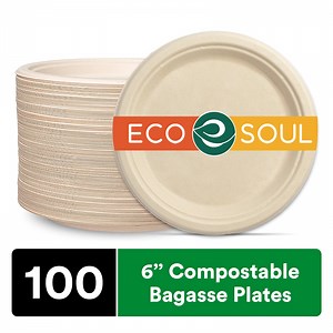 ECO SOUL 6 Inch Round [100-Pack] Tree Free Compostable Plates I Heavy-Duty Eco-Friendly Appetizer Plates I Biodegradable Sugarcane Eco Plates