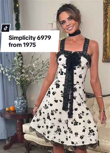 Simplicity 6979 size 10 from the year 1975. Aline dress with nylon mesh flock and stretch lace and polyester faille fabric beneath. #sewingpattern #70sfashion #clothing #sewing #fashion