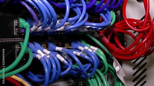 Server. Cyber. Cable server connection with lights. Network data. Hi-tech server room communication. High tech. Computer Technology.