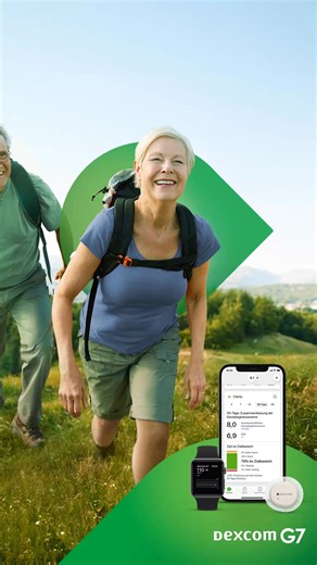 Mit Dexcom G7 habe ich meine Zuckerwerte einfach immer im Blick – ohne Fingerstechen.* Das Dexcom G7 ist in einer mmol/L- und mg/dL-Ausführung verfügbar. | * Außer in Ausnahmesituationen. Werkseitig kalibriert. Wenn die Warnungen zu den Gewebeglukosewerten und die Messwerte auf dem Dexcom G7-System nicht den Symptomen oder Erwartungen entsprechen, sollten Patientinnen und Patienten ein Blutzuckermessgerät verwenden, um Behandlungsentscheidungen zu ihrem Diabetes zu treffen. | Dexcom G7 Empfänger
