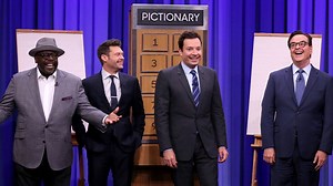 Jimmy and Cedric The Entertainer face off against Ryan Seacrest and Tonight Show announcer Steve Higgins in a game of Pictionary. | The Tonight Show Starring Jimmy Fallon