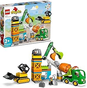 LEGO DUPLO Construction Site 10990 Educational Large Brick Building Set, Pretend Play Learning Toy with Bulldozer, Cement Mixer and Crane Toys, Sensory Toys for Toddlers, Boys and Girls Ages 2 and Up
