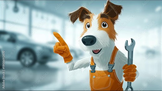 Friendly Dog Mechanic Shows How to Fix Cars in a Busy Auto Shop During Daytime Hours With Tools and a Smile