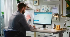 Back view of adult man typing text prompt in artificial intelligence chatbot on PC. AI image generator creates detailed photo of cute dog and cat. Online text to image app. Futuristic generative art.