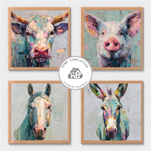 Abstract Farm Animals Wall Art Bundle, Cow Pig Horse Donkey Prints, Modern Rustic Farmhouse Art, Square Printable Set - Etsy