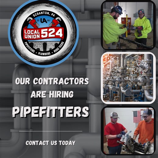 Skilled pipefitters in Northeastern PA—our contractors are hiring! Step into union-backed roles with strong wages, benefits, and career growth. Apply here: https://bit.ly/3Cm7itE #NEPA #LocalUnion524 #Pipefitters #SkilledTrades #ConstructionCareers #CareerGrowth | Plumbers and Pipefitters Local Union 524