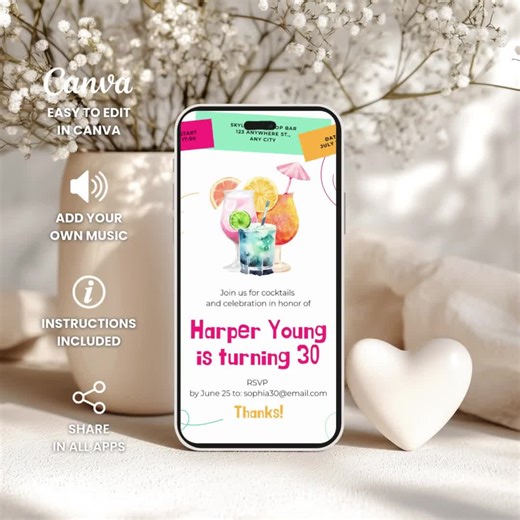 Colorful Cocktail 30th Birthday Invitation Template | Editable Canva Evite | 5x7, 8.5x11 & Animated Digital Download - Etsy