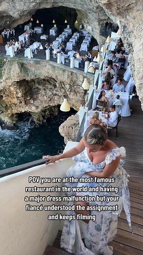 Note to self: dont wear a long dress here if its windy🤣 The most iconic restaurant and I almost fell down those stairs three times 😆 #italytravel #caverestaurant #italy #traveltiktok