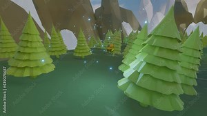 the camera flies behind the golden sphere in a low poly landscape with trees and mountains. looped animated background. 3d render