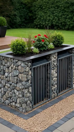 I designed a bespoke trash bin cover built with a sturdy steel framework and packed with polished river rocks, combining durability with a sleek, contemporary look. To soften the structure and make it more inviting, I added a planter overflowing with vibrant flowers on top. This thoughtful touch brings warmth and color to the space, transforming an ordinary waste area into an organized and attractive feature that blends naturally with the garden surroundings. | GreenLife Hacks & Tips
